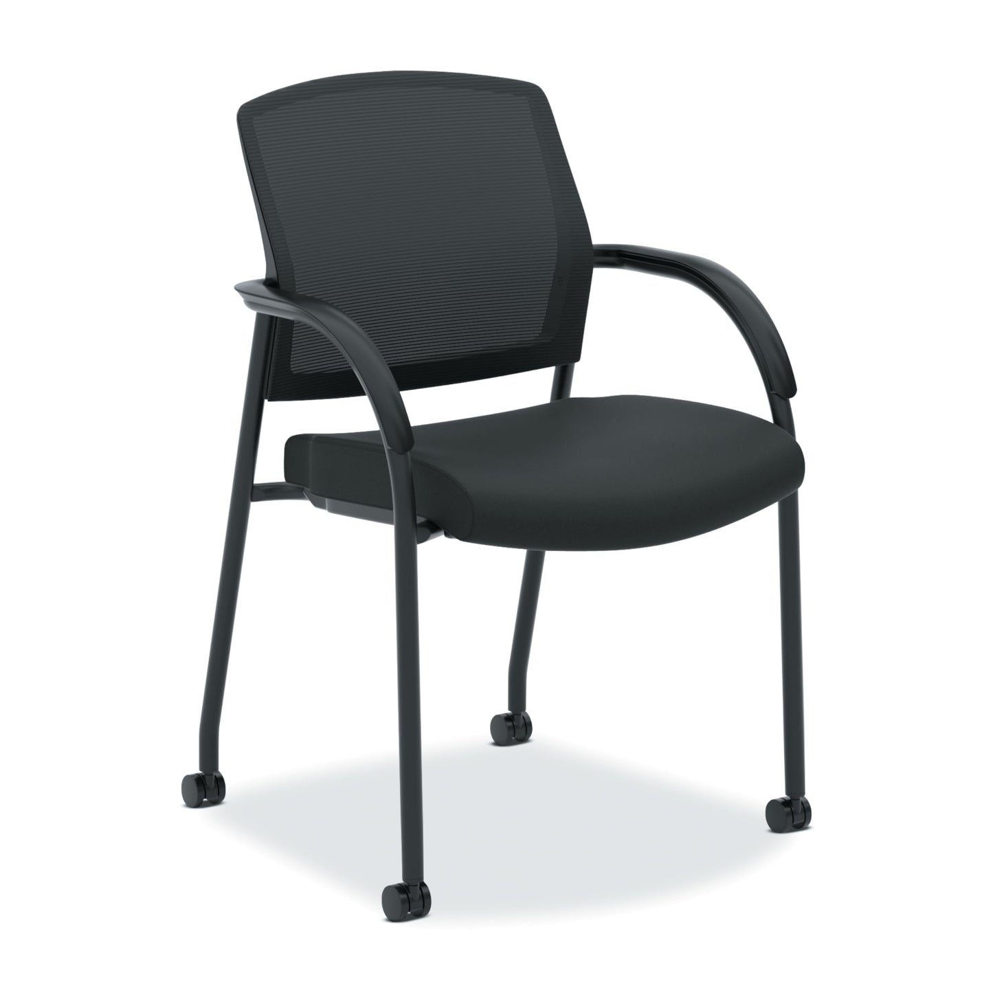 HON Lota Mesh Office Chair with Arms and Casters, Guest and Conference Desk Chair for Reception Areas, Waiting Rooms, and Offices, Fabric Seat, Stackable Design, Black