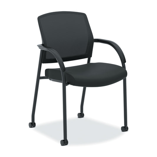 HON Lota Mesh Office Chair with Arms and Casters, Guest and Conference Desk Chair for Reception Areas, Waiting Rooms, and Offices, Fabric Seat, Stackable Design, Black