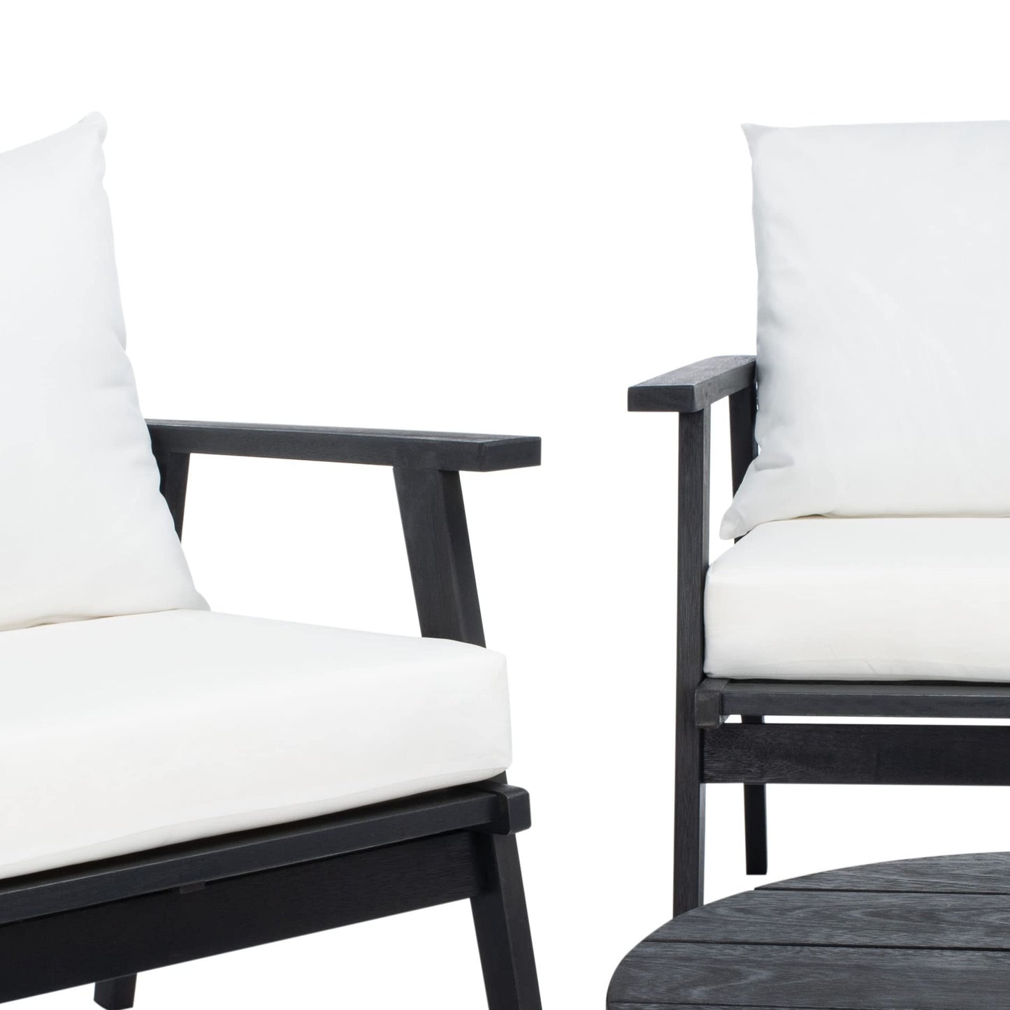 SAFAVIEH Outdoor - Deacon 4-Piece Conversation Set - Black & Beige - Solid Wood - Coastal Slatted Design with Cushions - Ideal for Patio, Deck, Porch, Backyard (PAT7050G)