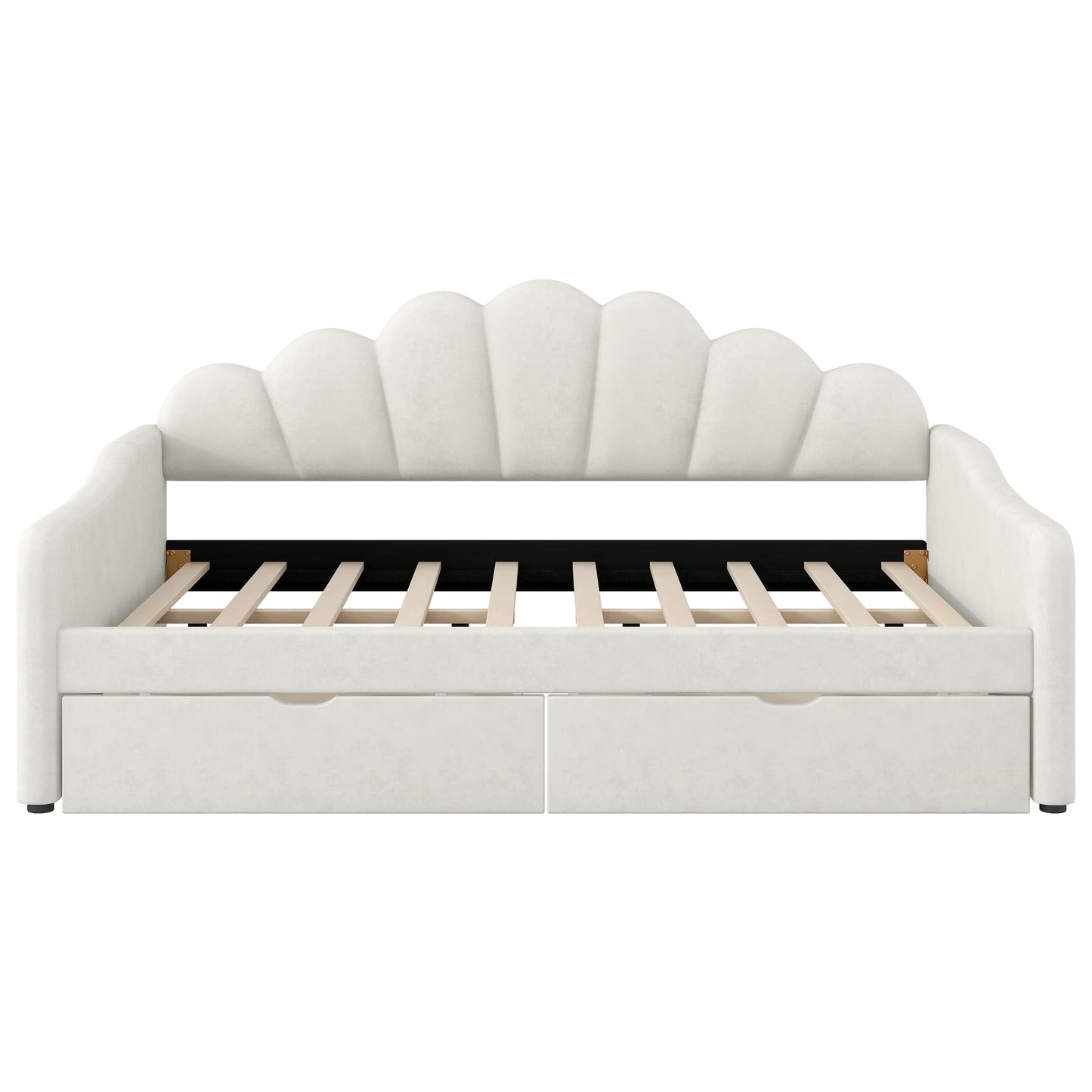 Merax Full Size Modern Upholstered Sofa Day Bed with Shall Shaped Backrest & Storage Drawers, Mutifunction Platform Bed with Wood Slat Support,Velvet Storage Bed Frame with Headboard/Twin, White
