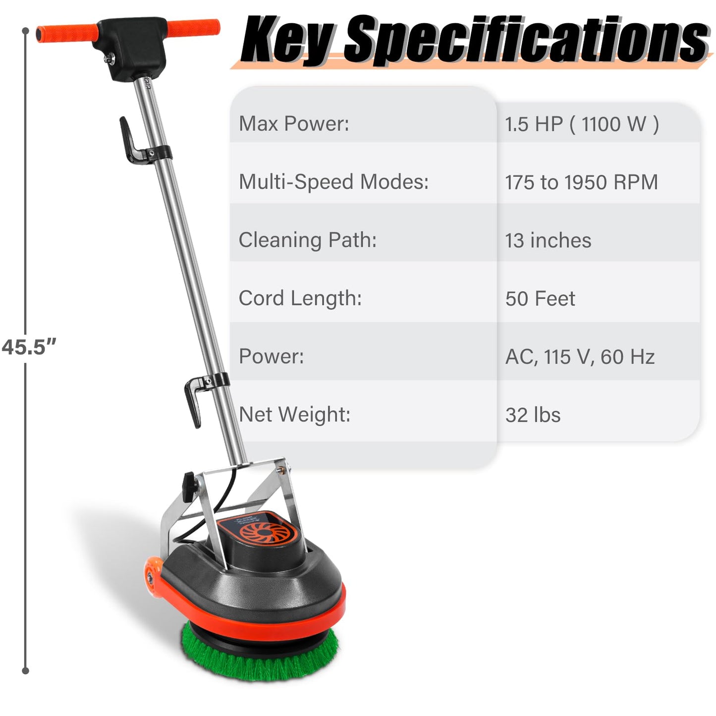 HHQ Commercial Floor Scrubber Machine, 13" Heavy Duty Orbital Floor Cleaner Buffer and Polisher- Deep Cleaning Hard Floors and Carpets with Ease, 3 Brushes & 3 Cleaning Pads, Orb-6