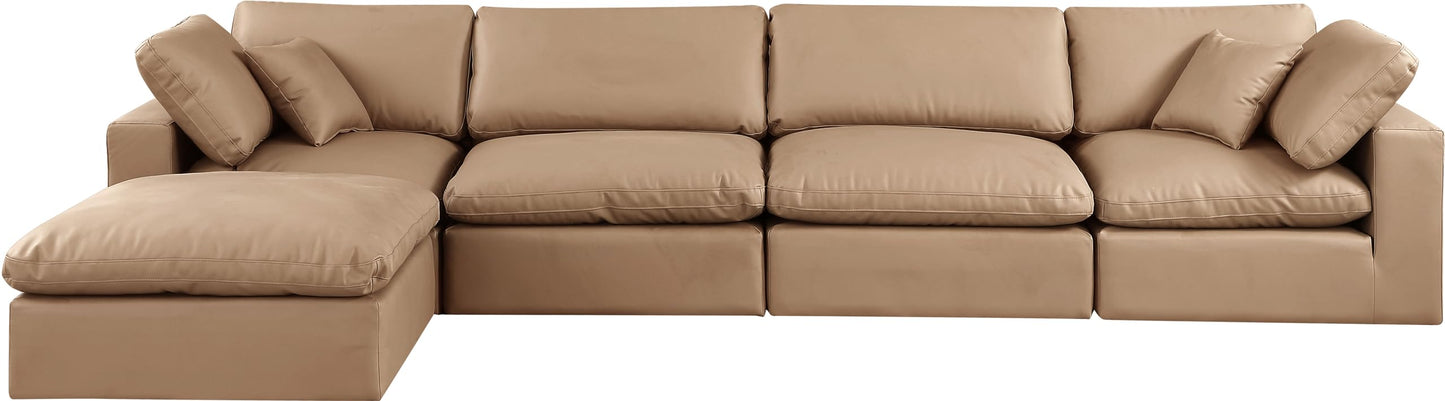 Meridian Furniture 188Tan-Sec5A Comfy Collection Modern | Contemporary Upholstered Modular Sectional, Soft Tan Vegan Leather, Fiber-Filled, 158" W x 79" D x 34.5" H, Tan