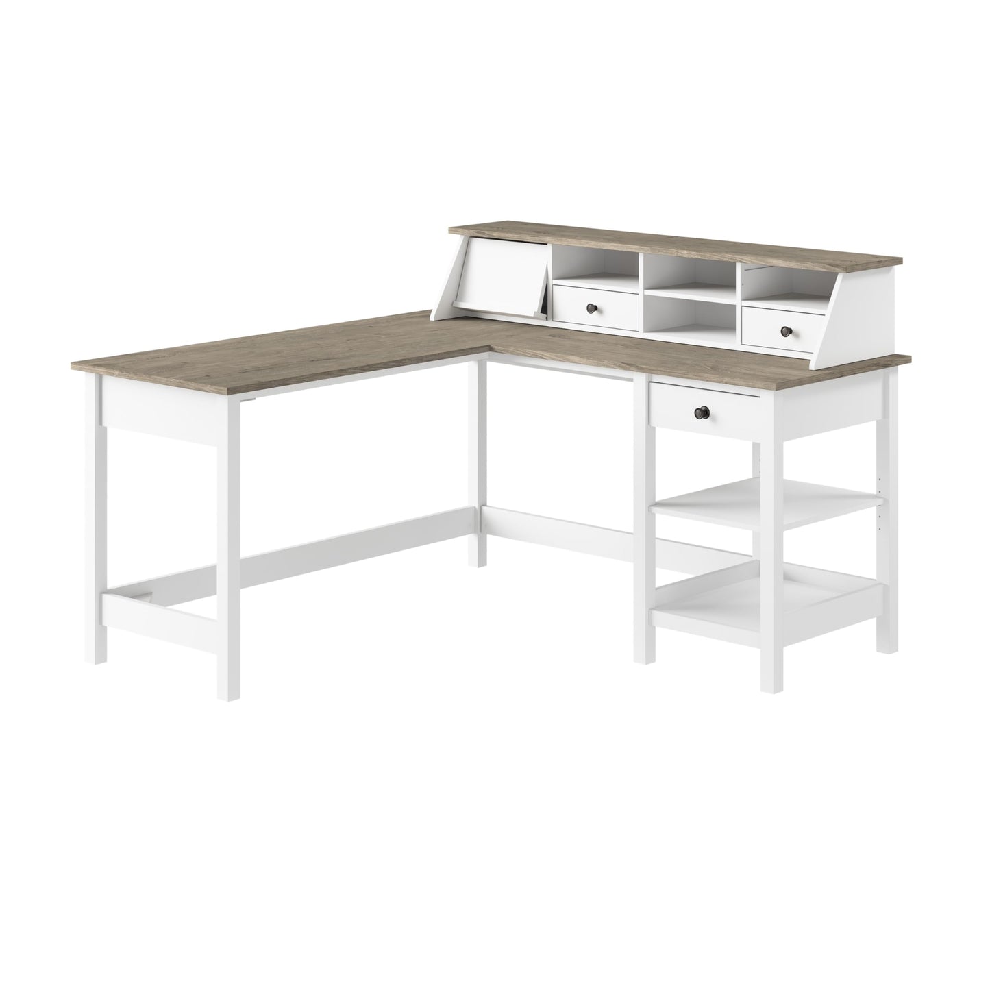 Bush Home Mayfield 60W L Shaped Computer Desk with Desktop Organizer in Pure White and Shiplap Gray