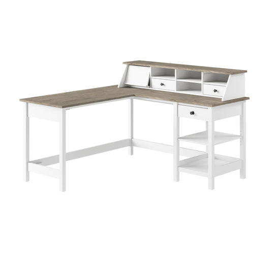 Bush Home Mayfield 60W L Shaped Computer Desk with Desktop Organizer in Pure White and Shiplap Gray