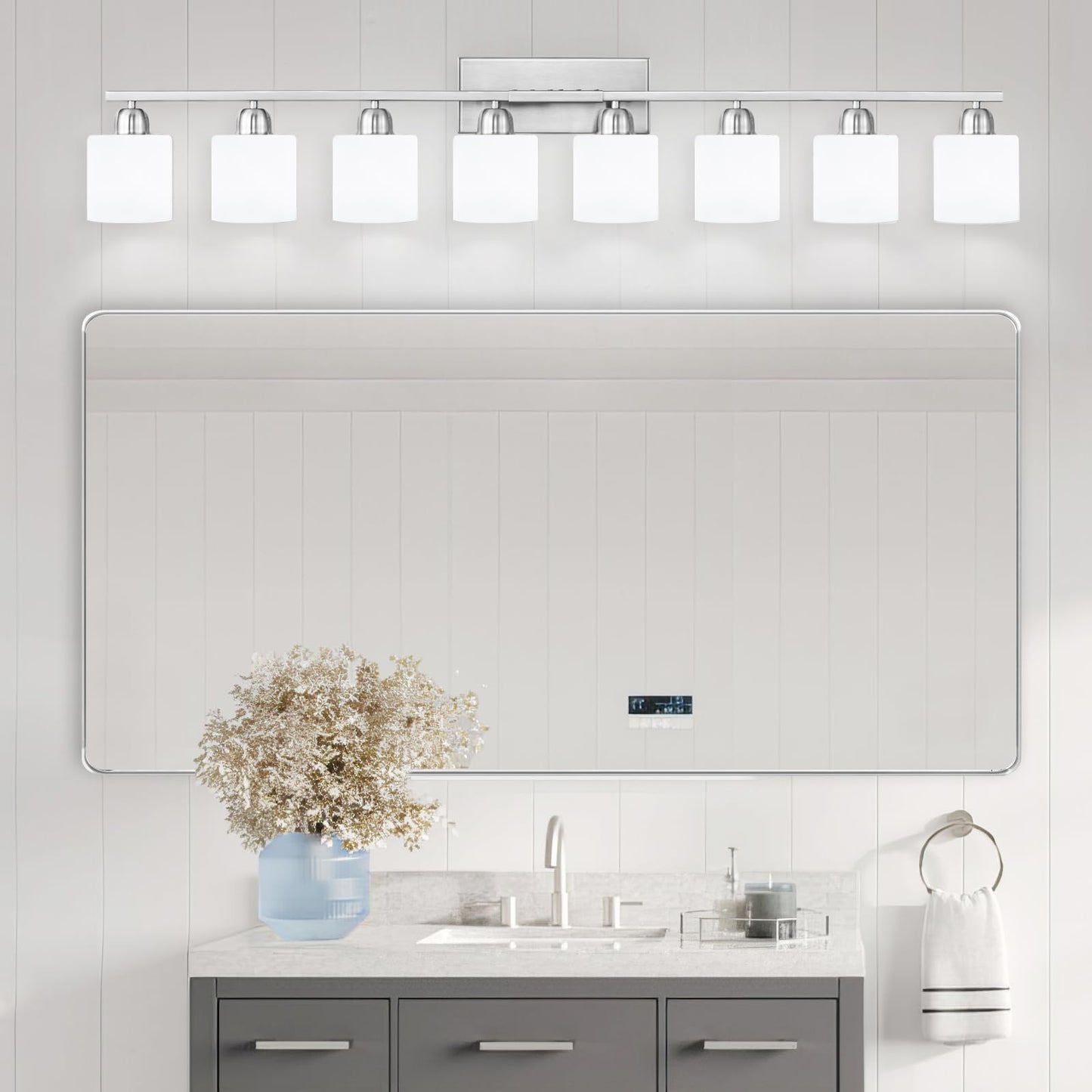 FAISHILAN Brushed Nickel Bathrooms Lights for Huge Mirror, 8 Light Anti-Rust Finish with Milky White Frosted Glass Shades, 51 Inch Above Mirror Lights for Bathroom, E26