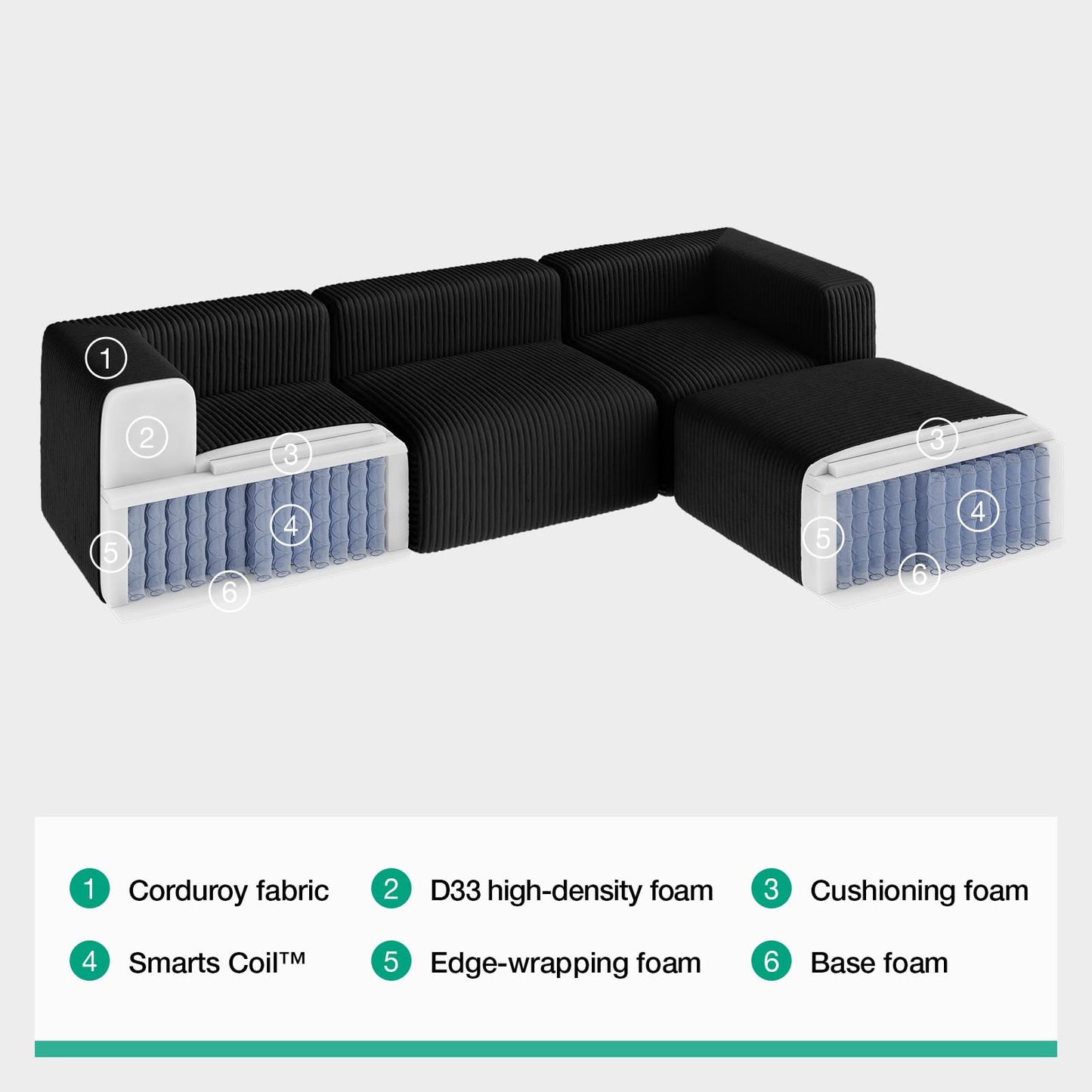 Novilla 106" Modular Sectional Sofa, Modern Cloud Sectional Couch with Smarts Coil® Support, L-Shape Boneless Couch for Living Room Apartments Bedroom, No Assembly Required (3 Seat w/ 1 Ottoman)