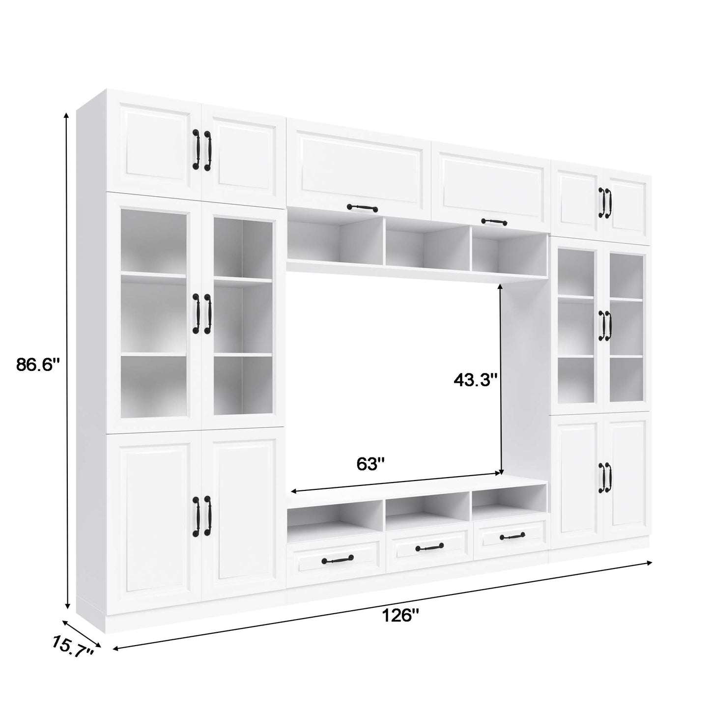 Mekminop 126" Entertainment Center Wall Unit with Glass Doors & Drawers, Large Wall Unit TV Stand for TVs up to 70", Media Console Table for Living Room, Can be Split into 4 Separate Cabinet, White