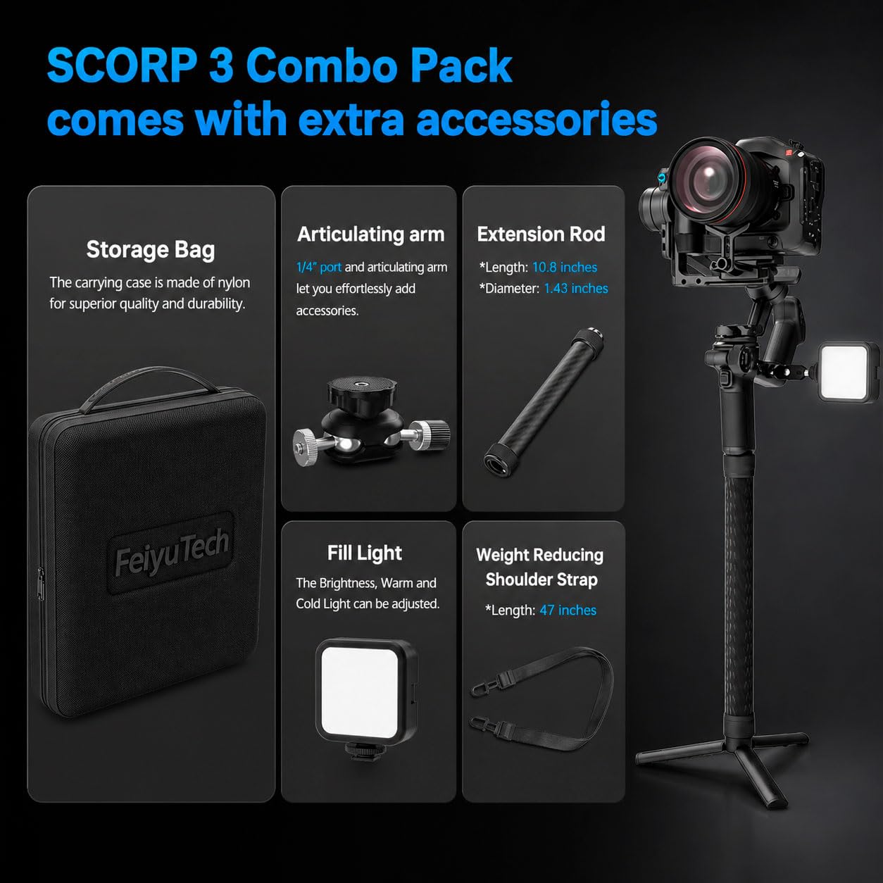 FeiyuTech SCORP 3 KIT Gimbal Stabilizer for DSLR and Mirrorless Camera,Built-in AI Tracking,Detachable Handle,3-Axis Gimbal for Sony/Canon/Nikon/Fujifilm, Max 3.5KG/7.72lbs,Touch Screen with Bag