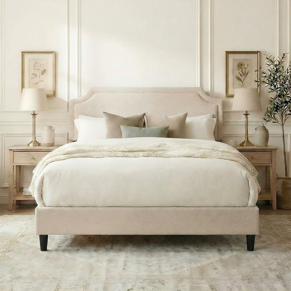 SHA CERLIN Chenille Queen Size Bed Frame with Belgrave Headboard, Beige