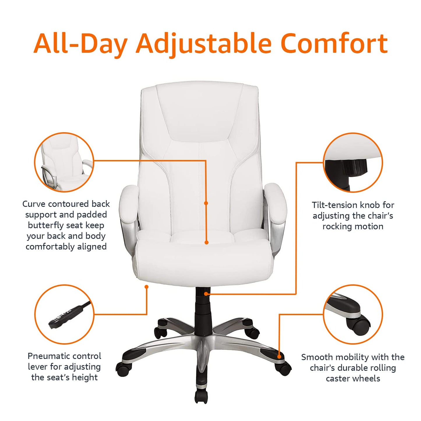Amazon Basics Executive High Back Office Desk Chair, Adjustable Height, Tilt, Swivel, 275lb Capacity, Bonded Leather, White/Pewter