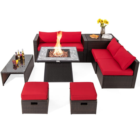 Tangkula 9 Pieces Outdoor Patio Furniture Set with 35-Inch Propane Fire Pit Table, Outdoor PE Wicker Sectional Sofa Set with Storage Box and Cushions, 50,000 BTU Gas Fire Pit Table (Red)