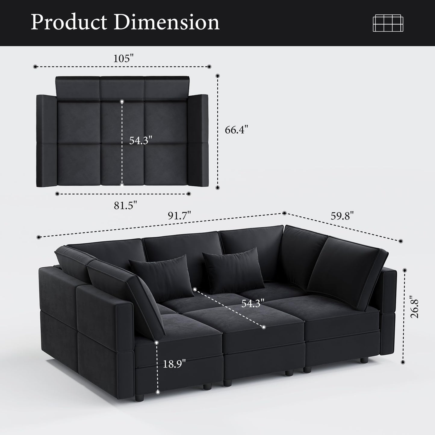 Vesgantti Modular Sectional Sofa with Storage, 92" Sofa Bed with 6 Seats Storage Chaises Removable Cover, Deep Seat Modular Couches Velvet Couch Set for Living Room, Apartment, Home Theater, Black