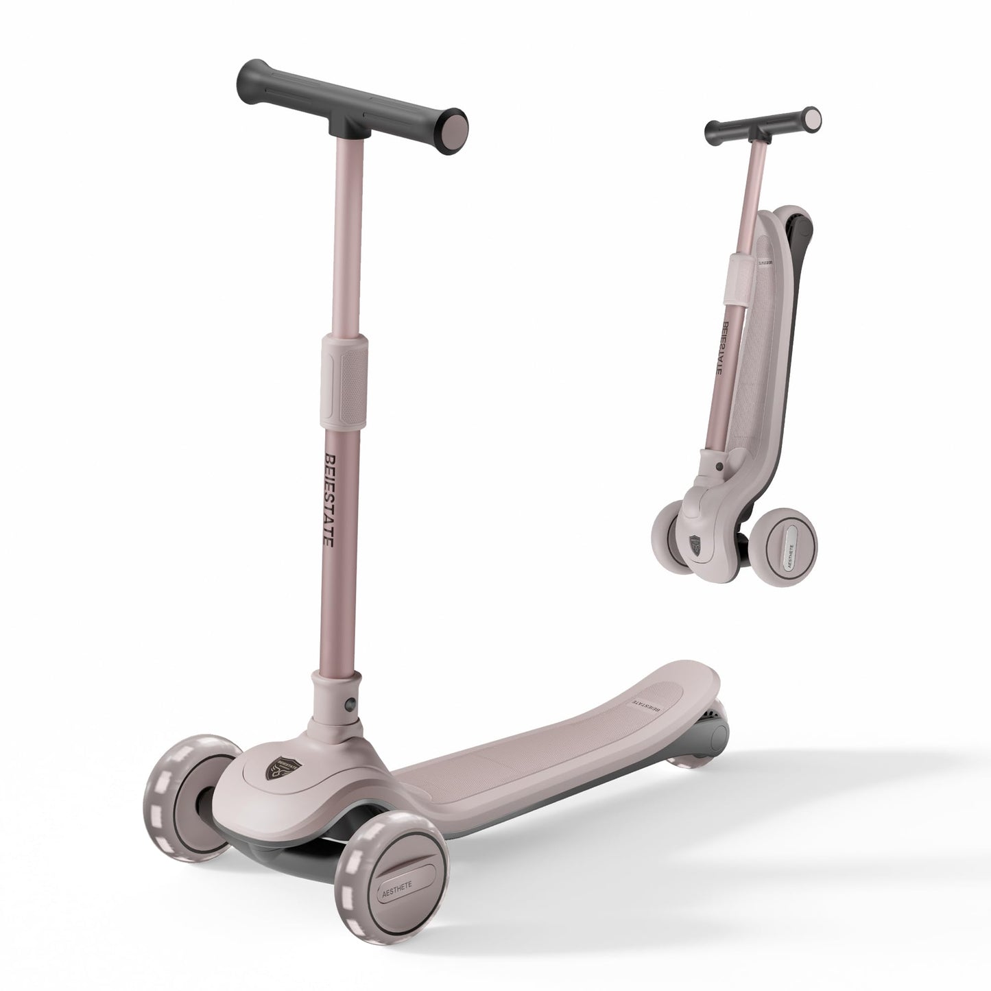 BEIESTATE 3 Wheel Scooter for Kids Ages 3-18, Up to 220 Lbs, Kids Scooter with Adjustable Lean-To-Steer Switch, Foldable, Lightweight, Wide Anti-Slip Deck, Adjustable Height Handlebar, Light-Up Wheels