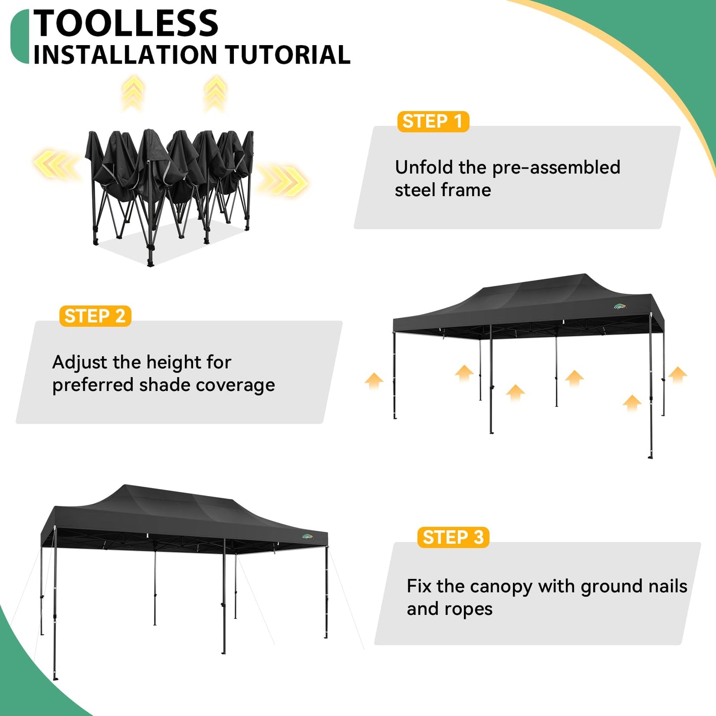 COBIZI 10x20 Pop up Canopy Tent Heavy Duty with 6 Sidewalls, Easy Set-up Commercial Outdoor Party Tents, 100% Waterproof Wedding Gazebo, 3 Height Adjustable with Wheeled Bag, Jet Black