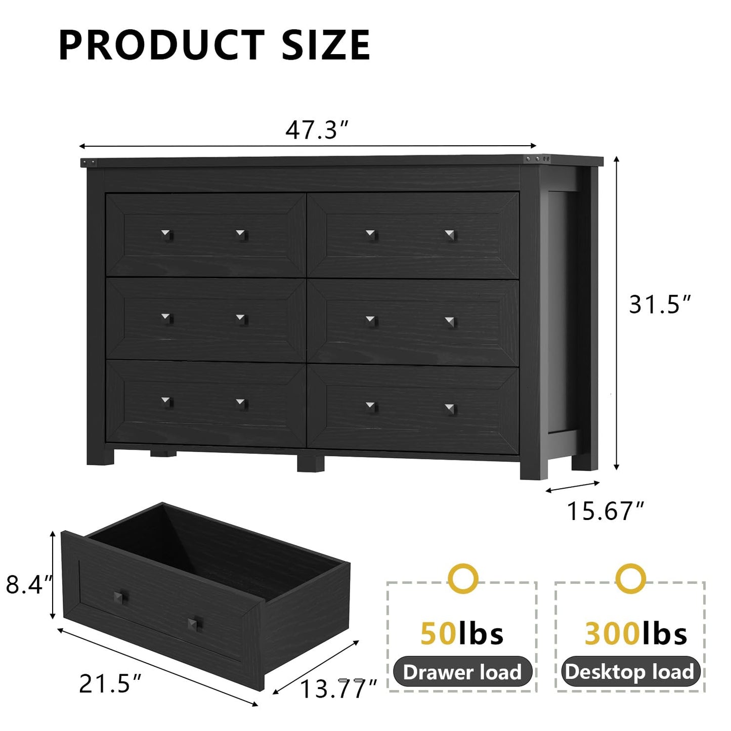 HUANLEGO Black Dresser for Bedroom with 6 Drawers, Modern Chest of Drawers, Wood Dressers Bedroom Furniture Wide Storage Organizer, 6 Drawer Dresser for Closet, Living Room, Hallway