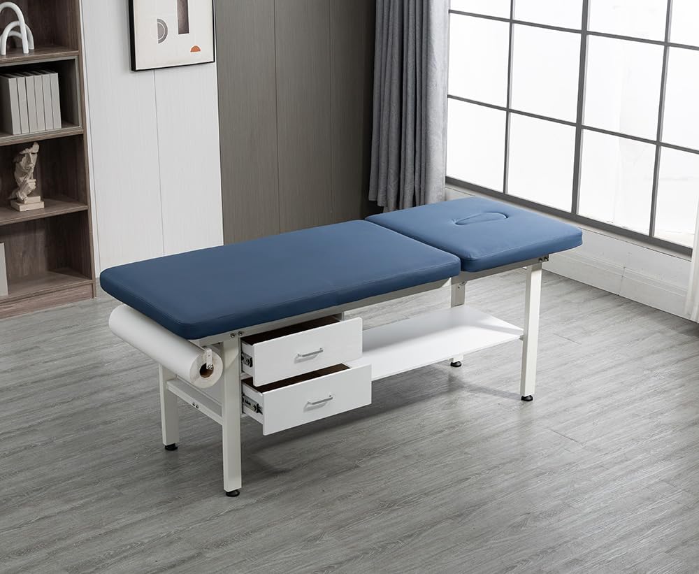 Carenovo 27.6" Width Comfortable Fixed Height Medical Exam Table Backrest Adjustable with Paper Holder and Breath Hole & Two Drawer for Clinic Lab Treatment (Blue)