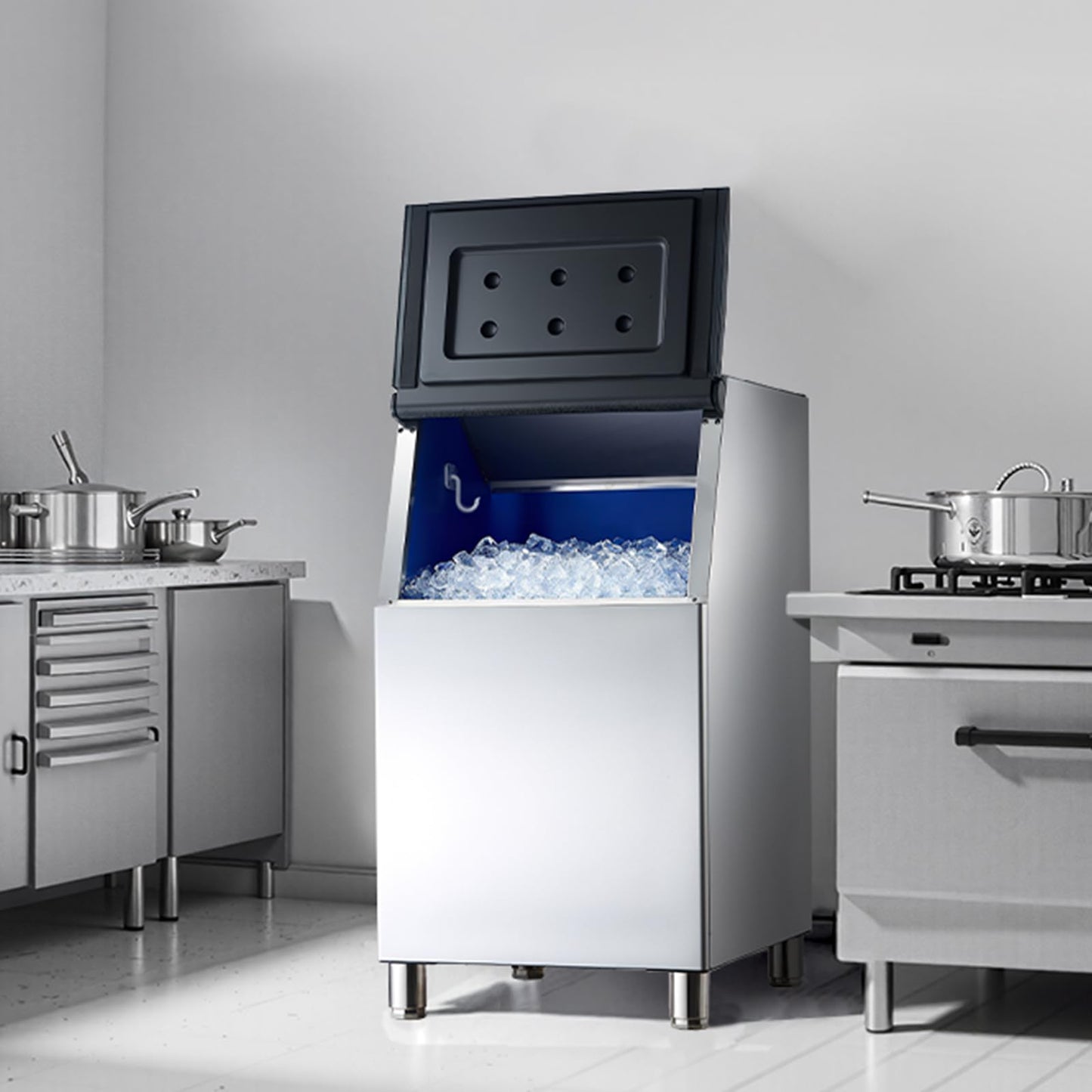 VEVOR Commercial Ice Maker Storage Bin, 300 LBS Capacity Stainless Steel Ice-Bin, Commercial Ice Storage Bin with Adjustable Anti-Slip Rubber Feet, Suitable for Restaurant, Hotel and Beverage Shops