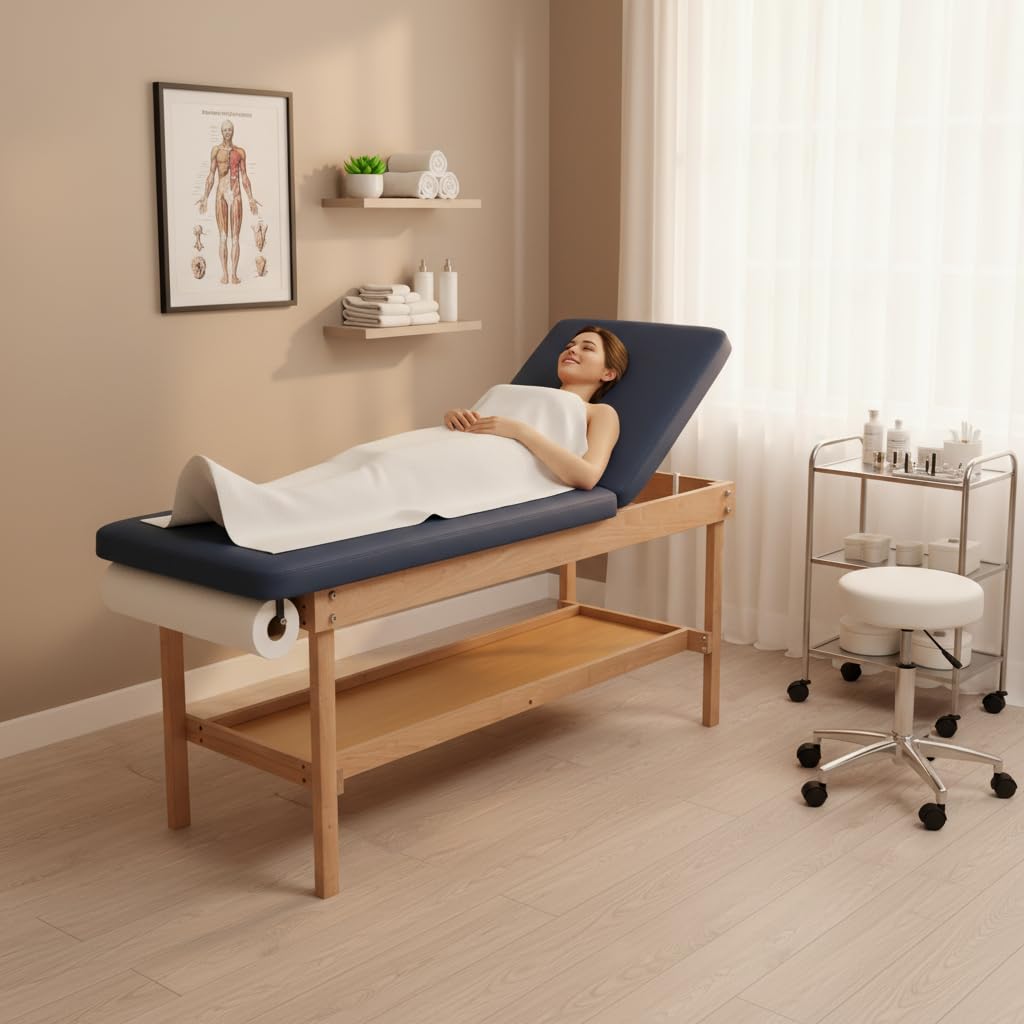 Carenovo 27.5" Width Comfortable Medical Exam Table & Bed with Wooden Storage Base and Paper Holder for Treatment Clincal (Blue)