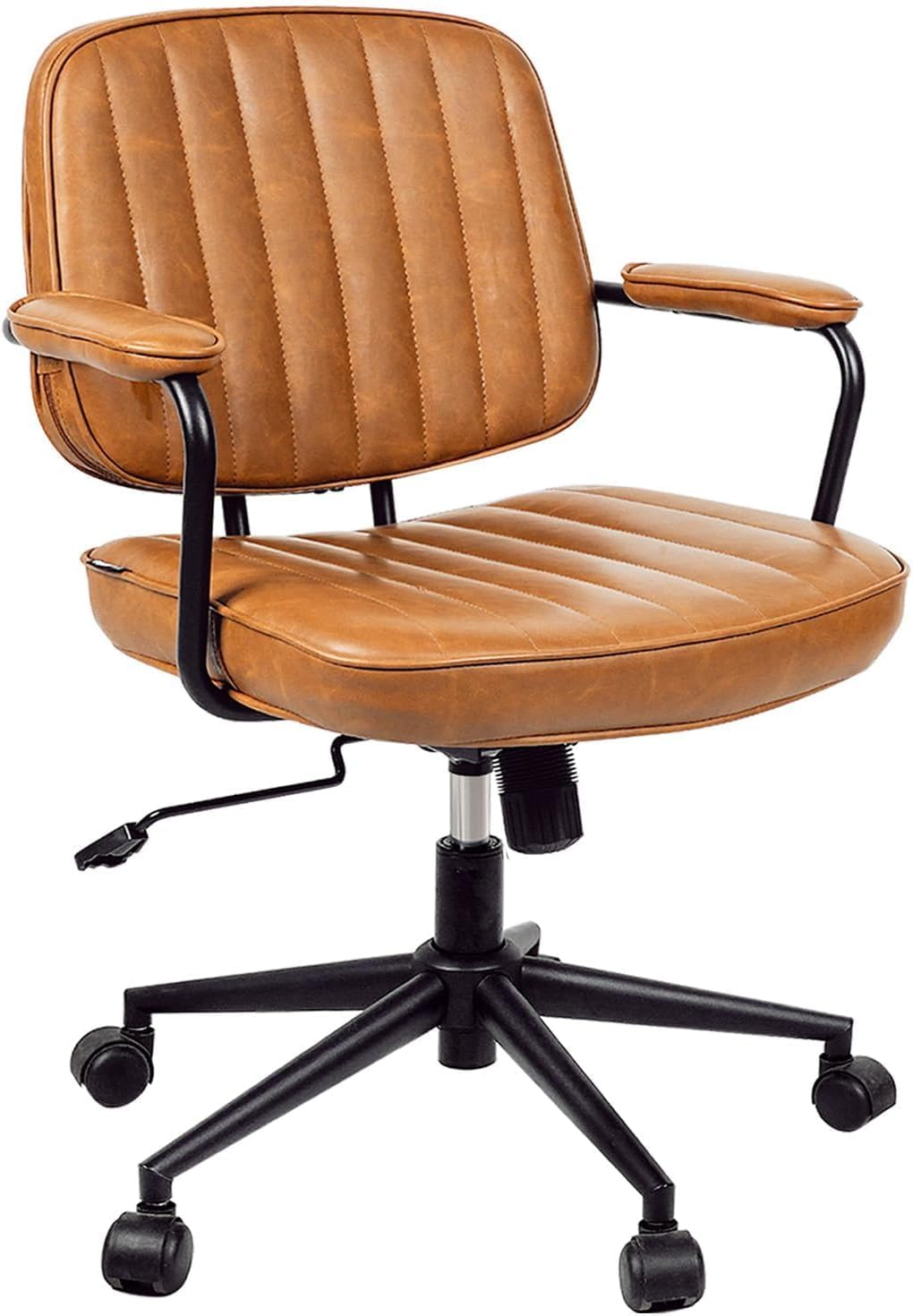 Mid Century Modern Office Chair, Ergonomic PU Leather Desk Chair with Wheels & Arms, Adjustable Swivel Home Office Chair for Bedroom, Study, Small Space, Brown
