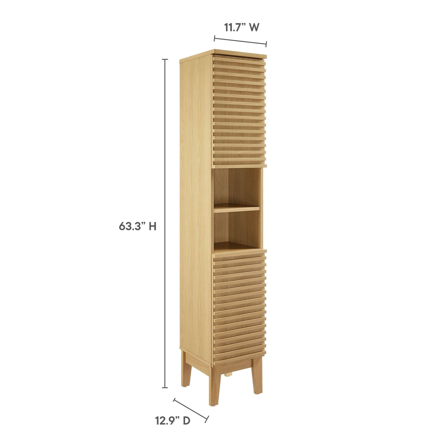 Modway Render Tall Narrow Bathroom Storage Tower in Oak - 63” Freestanding Linen Cabinet with Open Shelves and 2 Soft-Close Doors - Slim Towel and Makeup Organizer