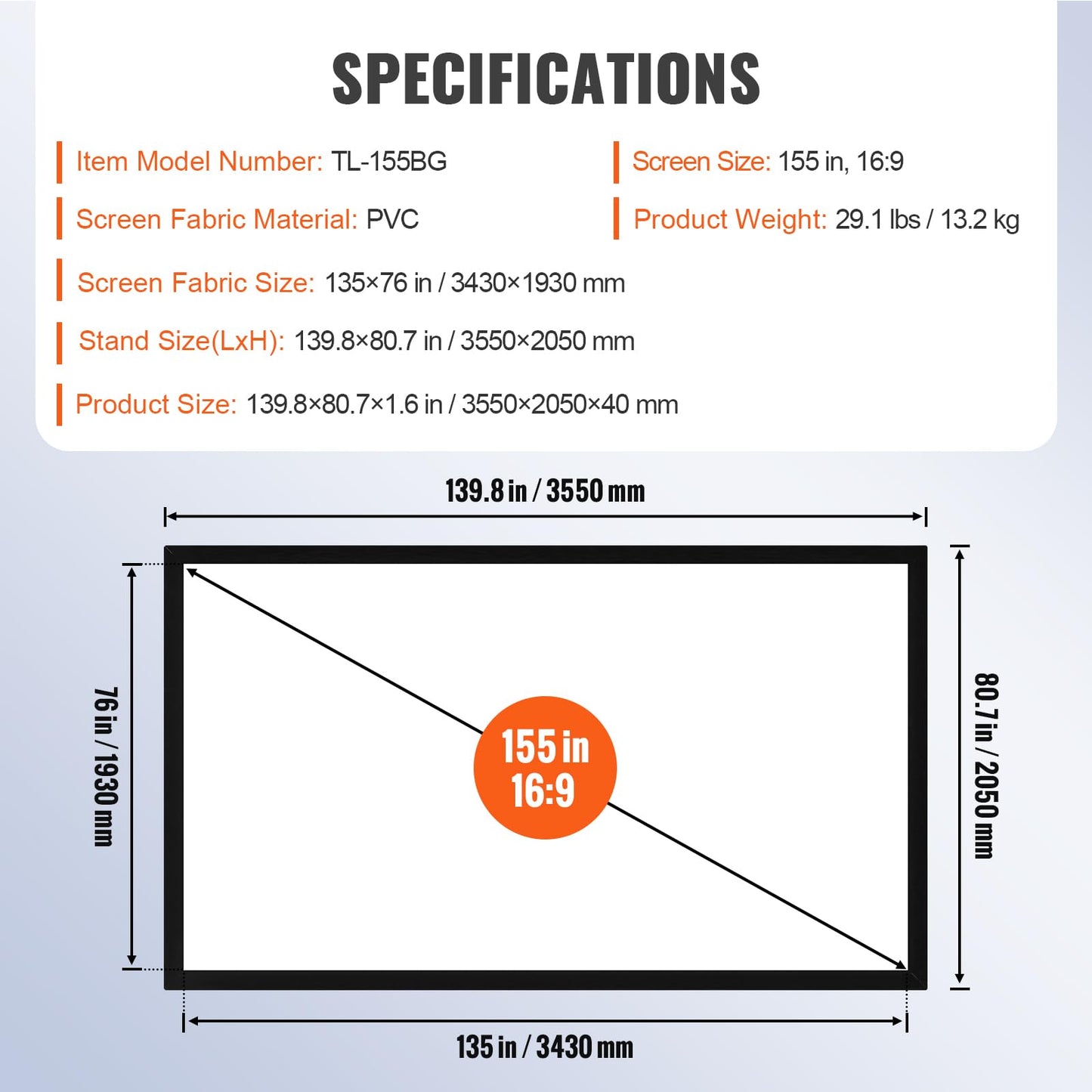 VEVOR Projector Screen 155inch Outdoor Projector Screen 16:9 Movie Screen Fixed Frame 3D Projector Screen for 4K HDTV Movie Theater