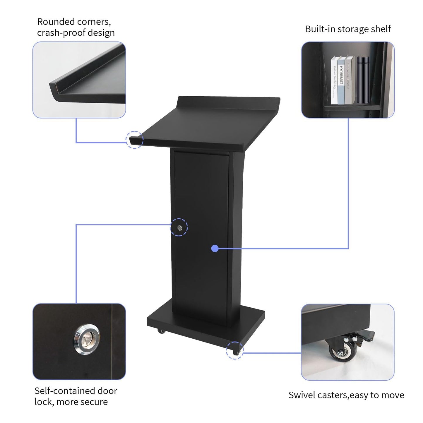 MOOFI Mobile Podium Stand with Wheels, Heavy Duty Rolling Lectern with Lockable Casters, Black Metal Pulpit with Storage Cabinet for Church, Classroom, Office & Conference Presentations