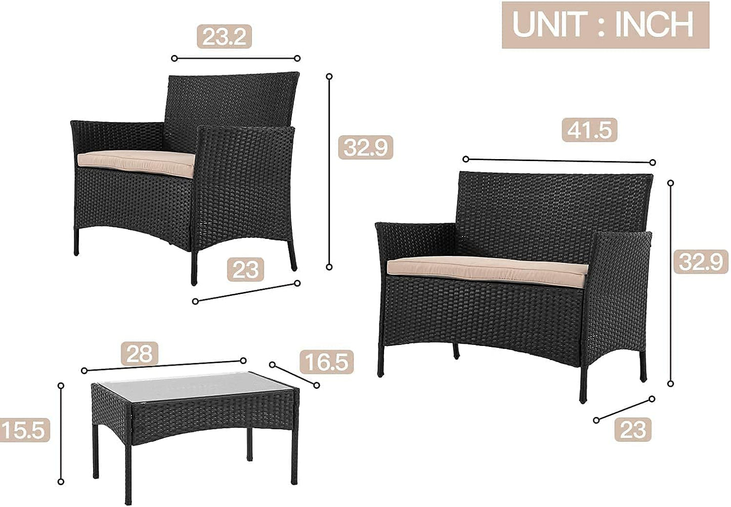 FDW Outdoor Indoor Use Rattan Chairs Wicker Conversation Sets for Backyard Lawn Porch Garden Balcony,Black