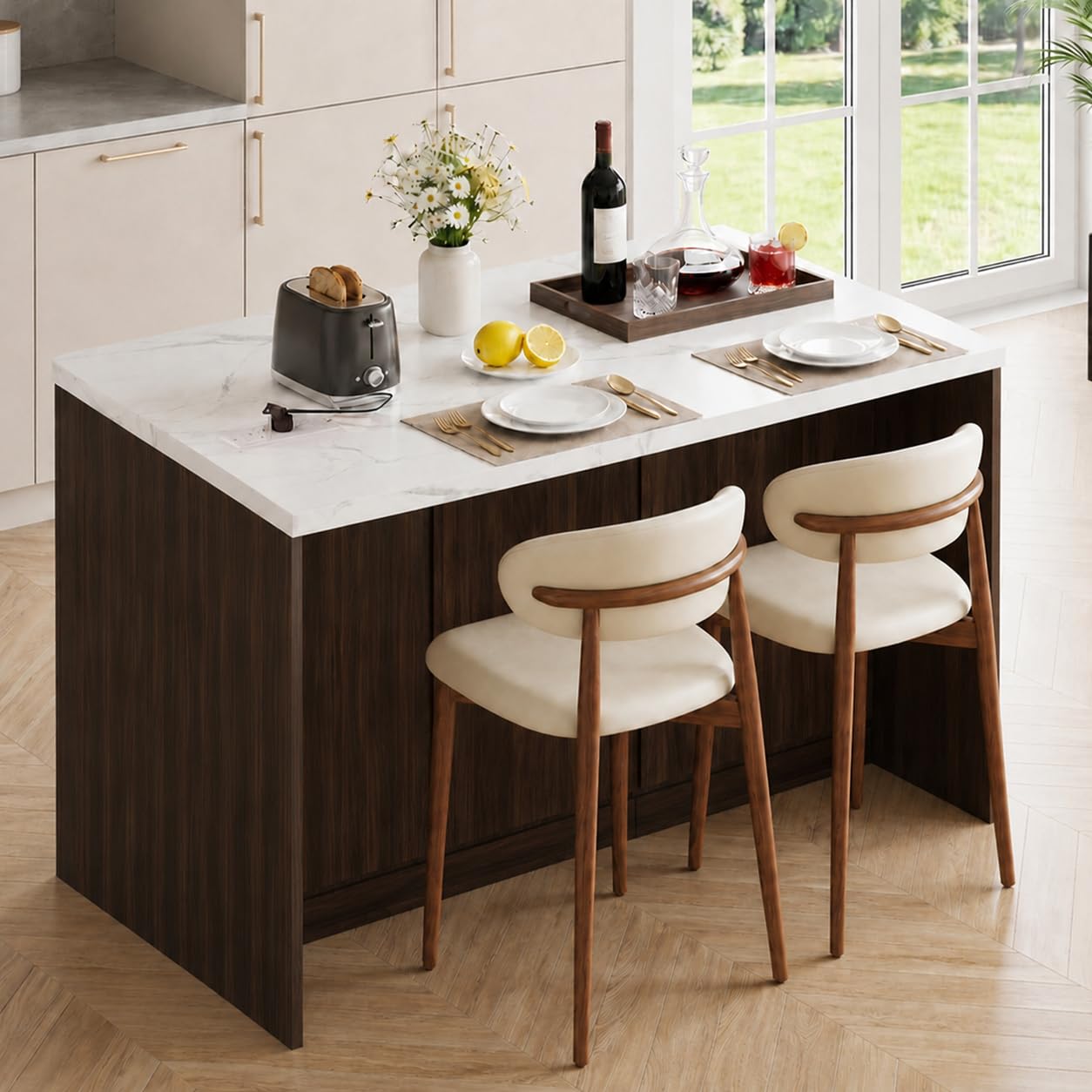 Homiflex Kitchen Island with Storage, 47" Island Table for Kitchen Large Kitchen Islands with Drawers Rolling Kitchen Island with Power Outlet & Adjustable Shelf Bar Cart for Dining Room- Walnut