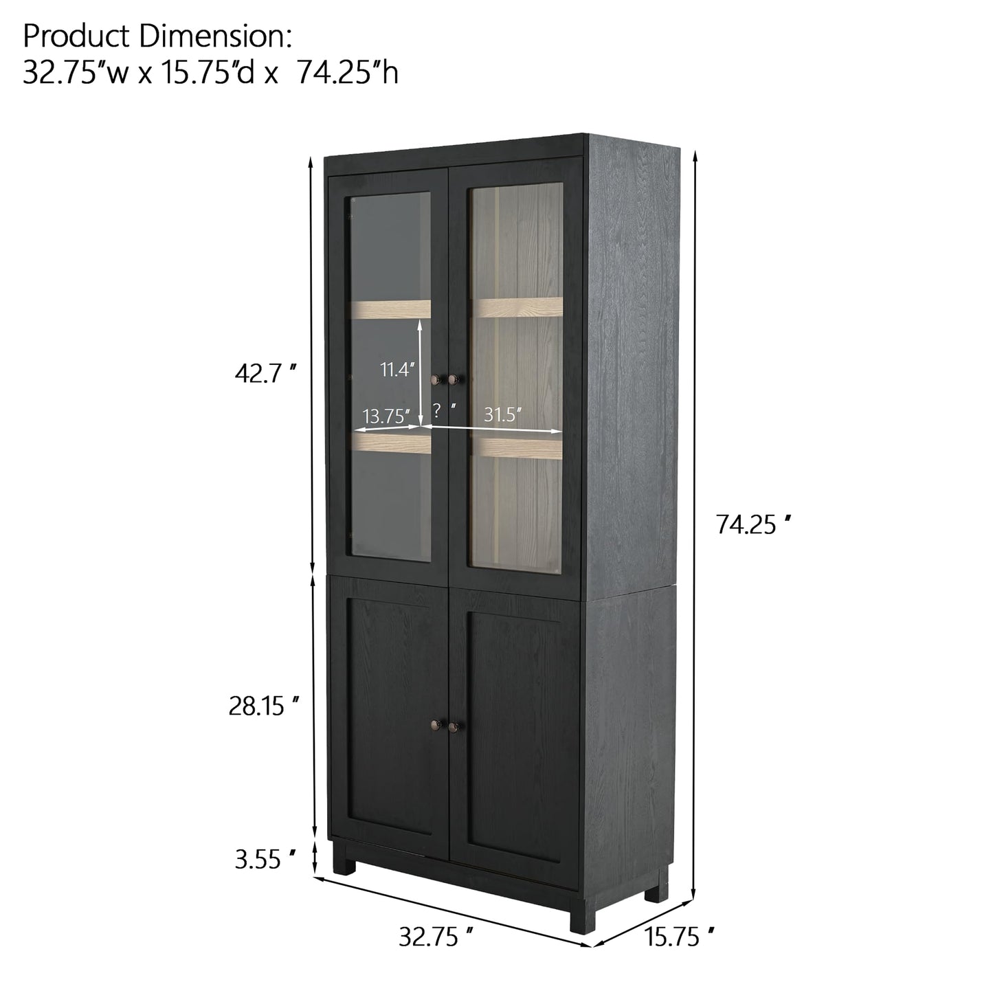 Merax 74.5''H Ash Wood Grain Display Cabinet Bookcase with Storage,Pantry with Glass Doors & Adjustable Shelves,Bookshelf Curio Cabinet for Hallways,Livingroom Kitchen & Office,Black