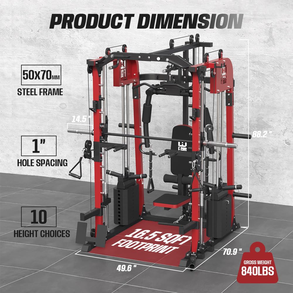 smithmachine with Weight Bench Combo, Home Gym with Dual Weight Stacks, 4000LBS Power Cage Squat Rack with Lever Arm, Leg Press, LAT Pull Down, Cable Crossover Machine for Full Body Training, Red
