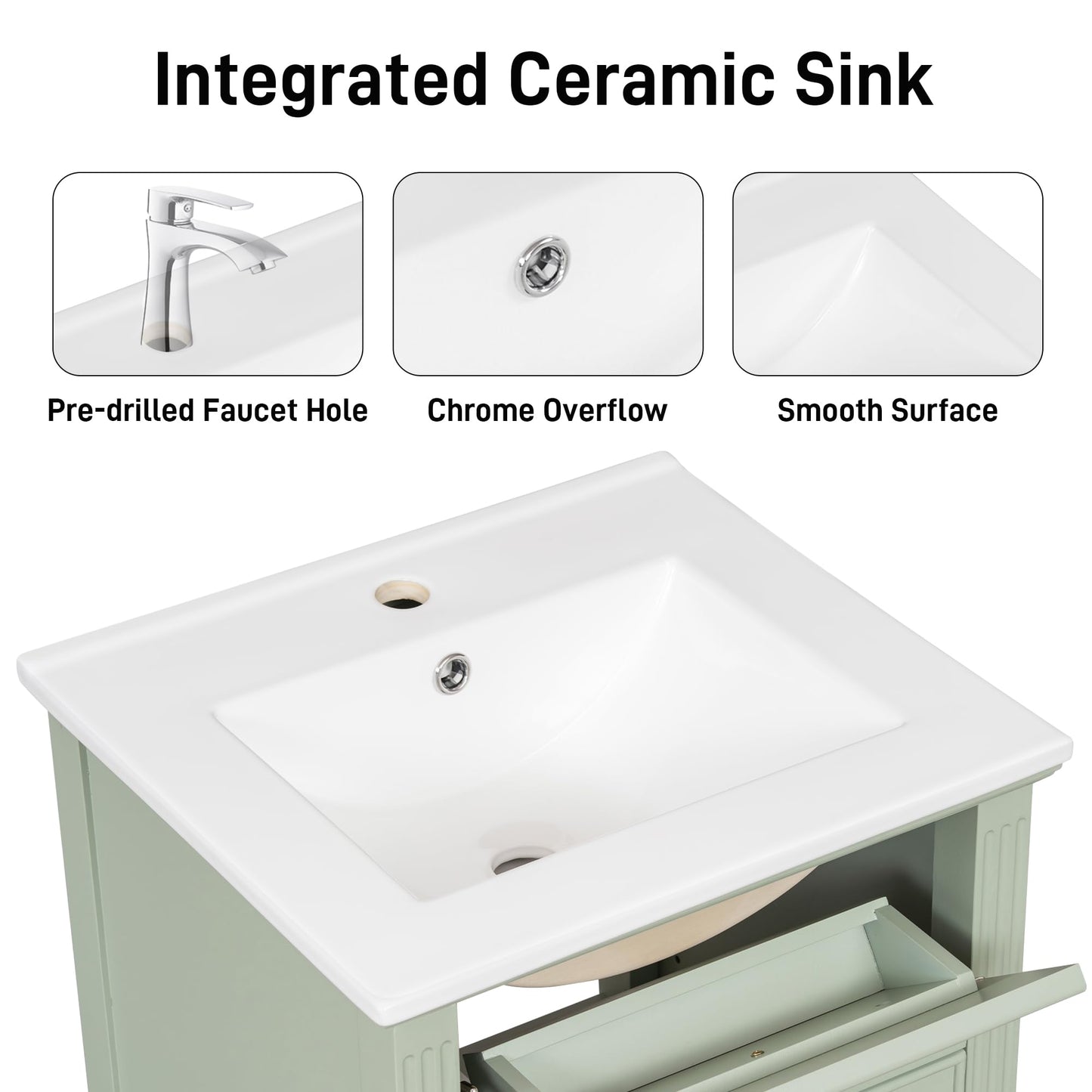 20" Bathroom Vanity with Ceramic Sink Top, Tip-Out Drawer, Door Rack, Adjustable Shelf, Solid Wood Legs, Soft-Closing Door, Green