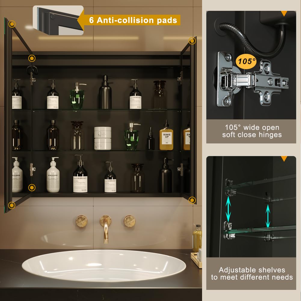 KWW LED Lighted Bathroom Medicine Cabinet with Sockets & USBs, Defogger, Dimmable, 3 Color Light Makeup Mirror, Easy to Install, Wall Mounted Cabinet (2 door-31 * 28)