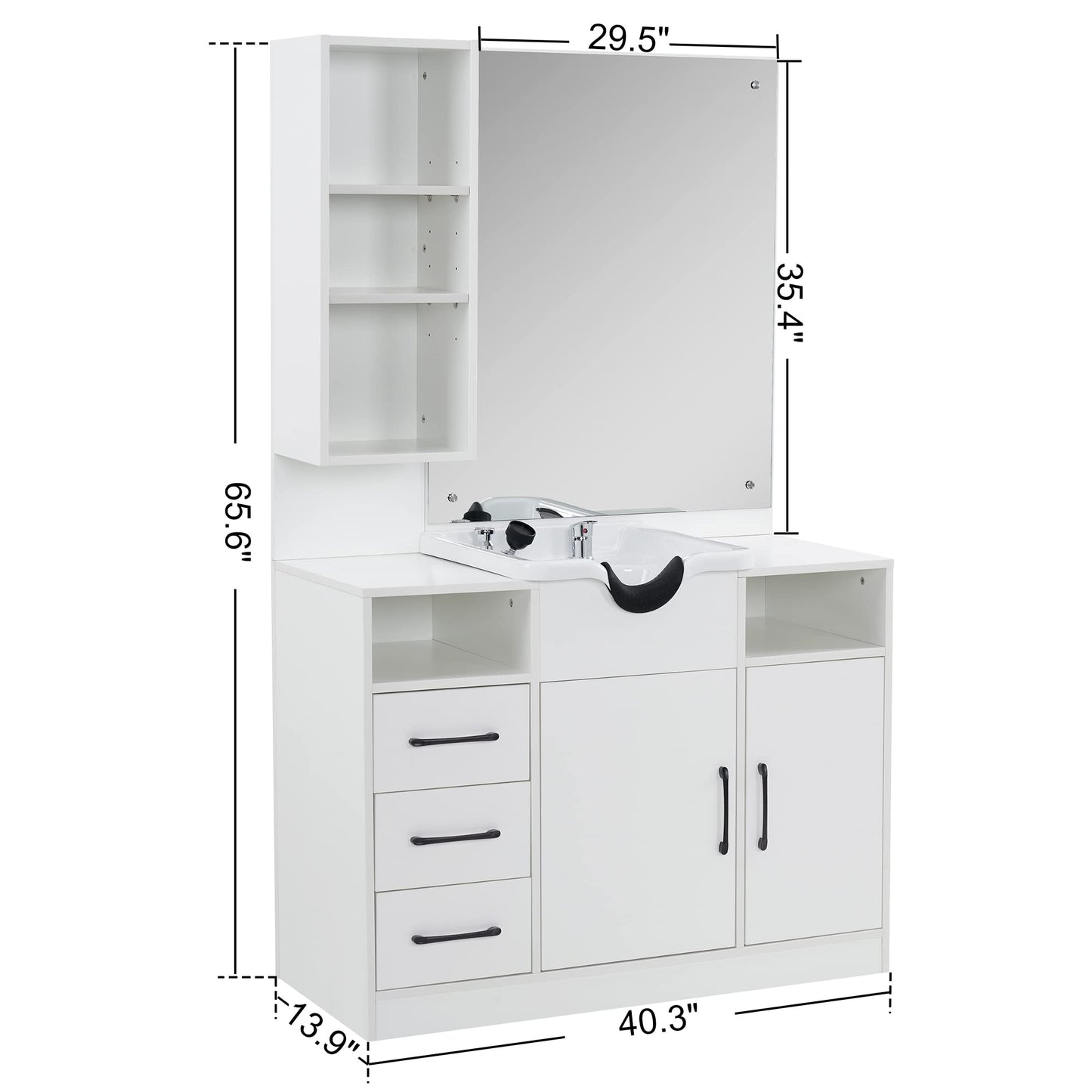 BarberPub Wall Mount Cabinet Barber Station with Mirror and Shampoo backwash Bowl Barbershop Salon Equipment 3140 (White)