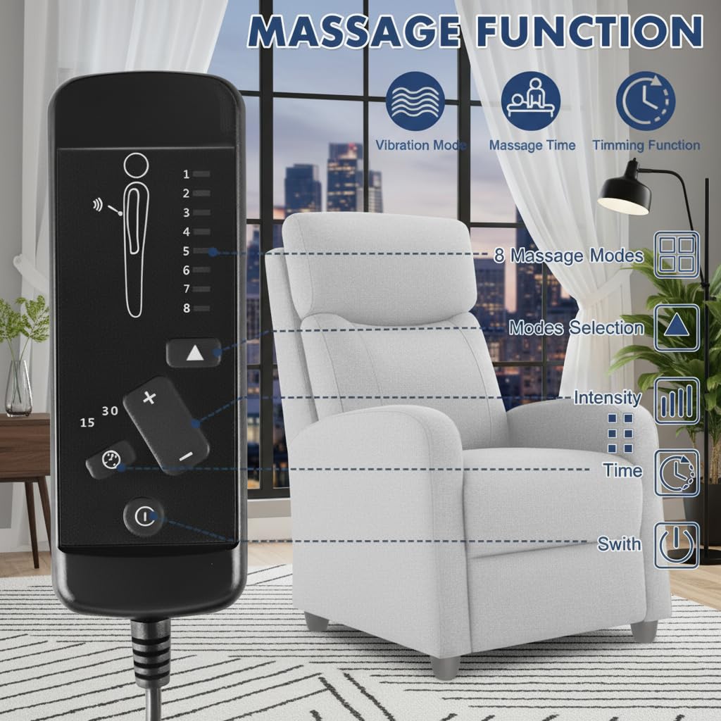 Simple Deluxe Massage Recliner Chair - Adjustable Fabric Recliner, Perfect Reading Chair & Sofa Chair for Living Room Chairs or Bedroom Chair, Small Recliner for Home Theater & Small Space, Grey