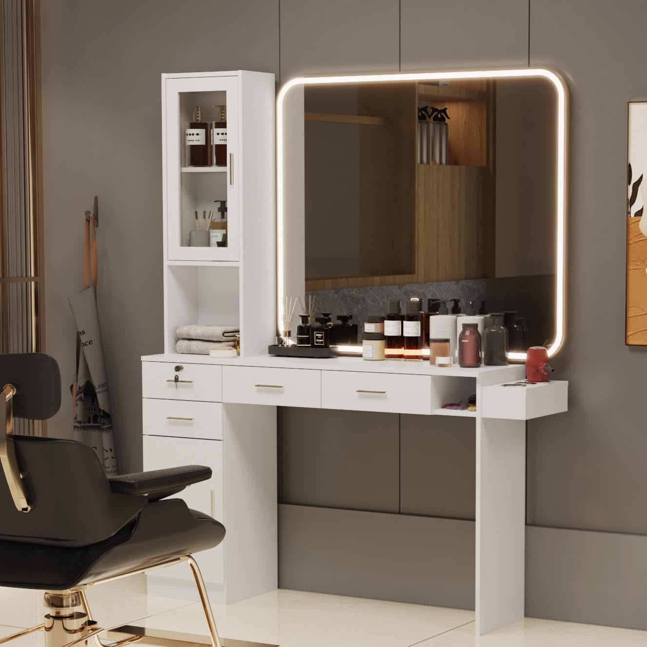 HolaiNail Salon Station for Hair Styling, Wall Mount Barber Salon Cabinet with 3 Hair Dryer Holders, Drawers & Shelves, Beauty Spa Storage Equipment Salon Furniture Without Mirror, White