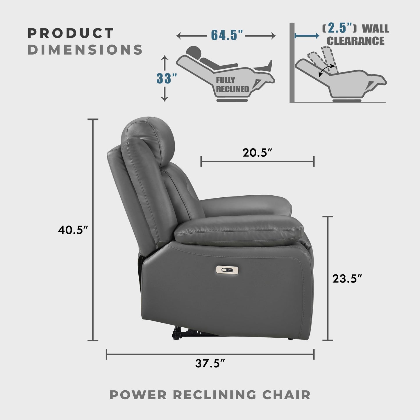 Lexicon Power Recliner Chair for Living Room, Top Grain Leather Match Recliner with Pillow Top Armrests, Home Theater Seating, Wall Hugger Recliners with USB Port, 40" W, Dark Gray