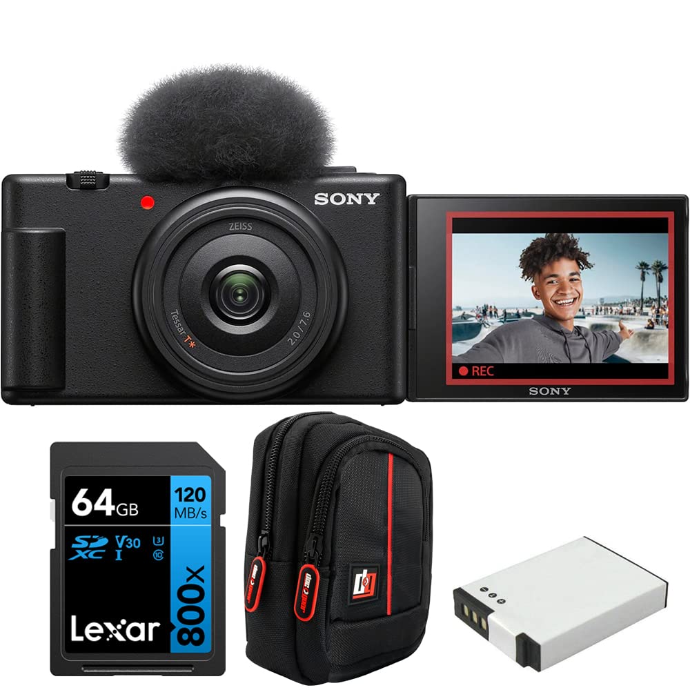 Sony ZV-1F Vlog Camera for Content Creators and Vloggers Black Bundle with Lexar 64GB High-Performance 800x UHS-I SDHC Memory Card + Camera Case + 1400 mAh Battery Pack