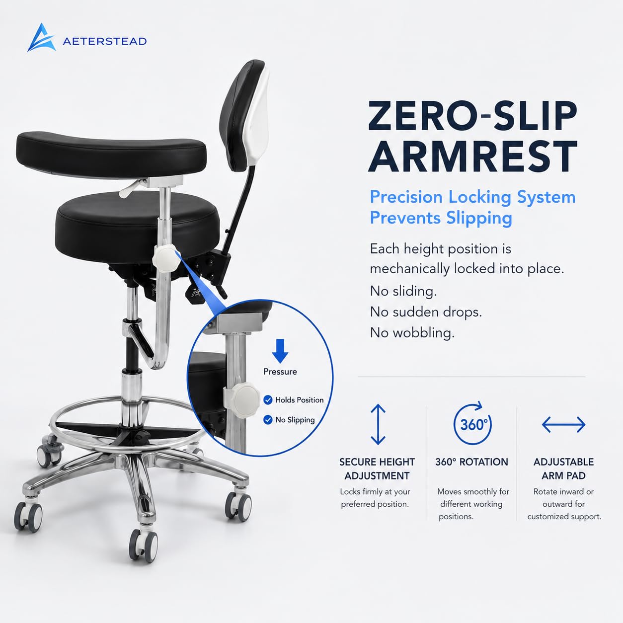Dental Assistant Chair with Arm & Back – Ergonomic Stool with Forward Tilting Seat, Adjustable Height, Locking Rubber Wheels, Medical Grade Leather, Heavy Duty Base for Hygienist Clinic Lab