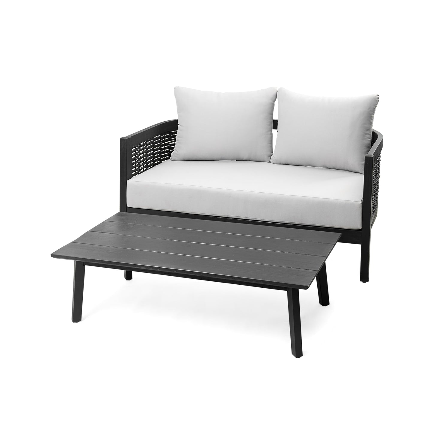 Christopher Knight Home Peron Patio 4-Seater Conversation Set, Sofa/Loveseat, 2 Club Chairs, Coffee Table, Cushion+Back Pillows, Acacia Wood+Wicker, Garden, Backyard, Poolside, Black + Light Grey