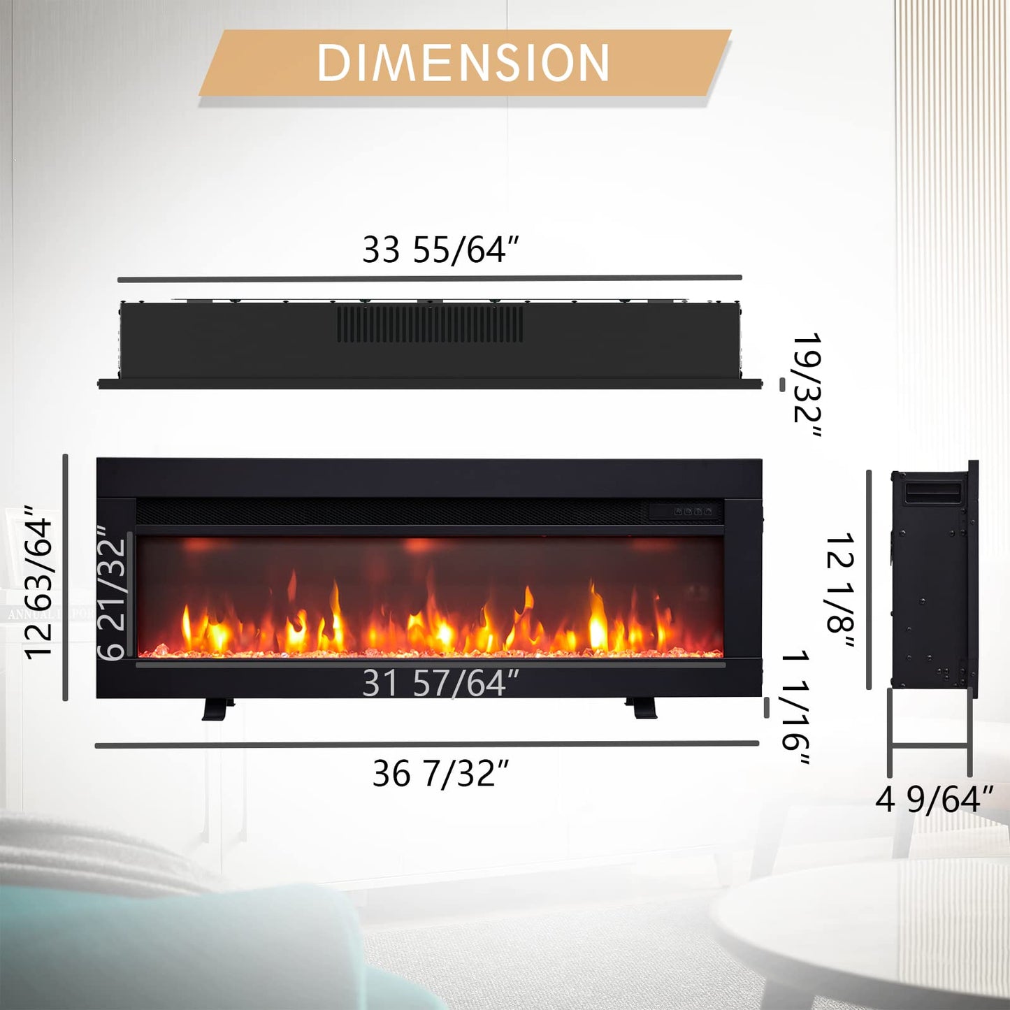 Efiretric® Arthur 36" W 3 in 1 Electric Fireplace (EF456), Freestanding, Wall Mounted, Recessed, 9 Colors Flame Effect, TV Media Wall, Heater 750W/1500W, Remote Control