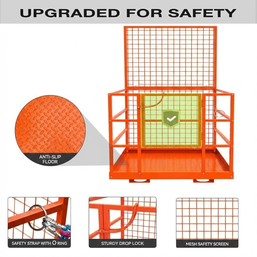 43x45 in Forklift Safety Cage Man Basket, 1800 LB Capacity, Heavy Duty Steel Forklift Work Platform with Railing & Wheels for Warehouse Factory Maintenance, Orange