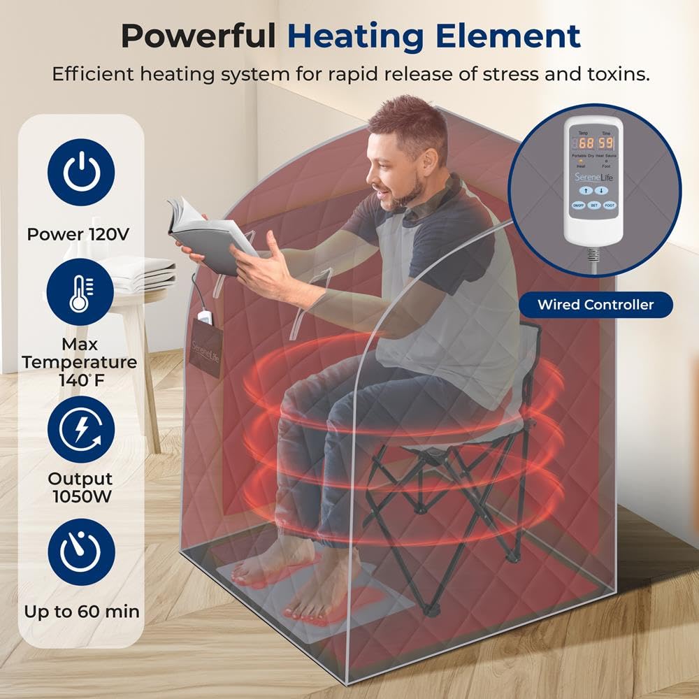 SereneLife Portable Infrared Home Spa | One Person Sauna | Heating Foot Pad and Chair, Gray (SLISAU10GRY)