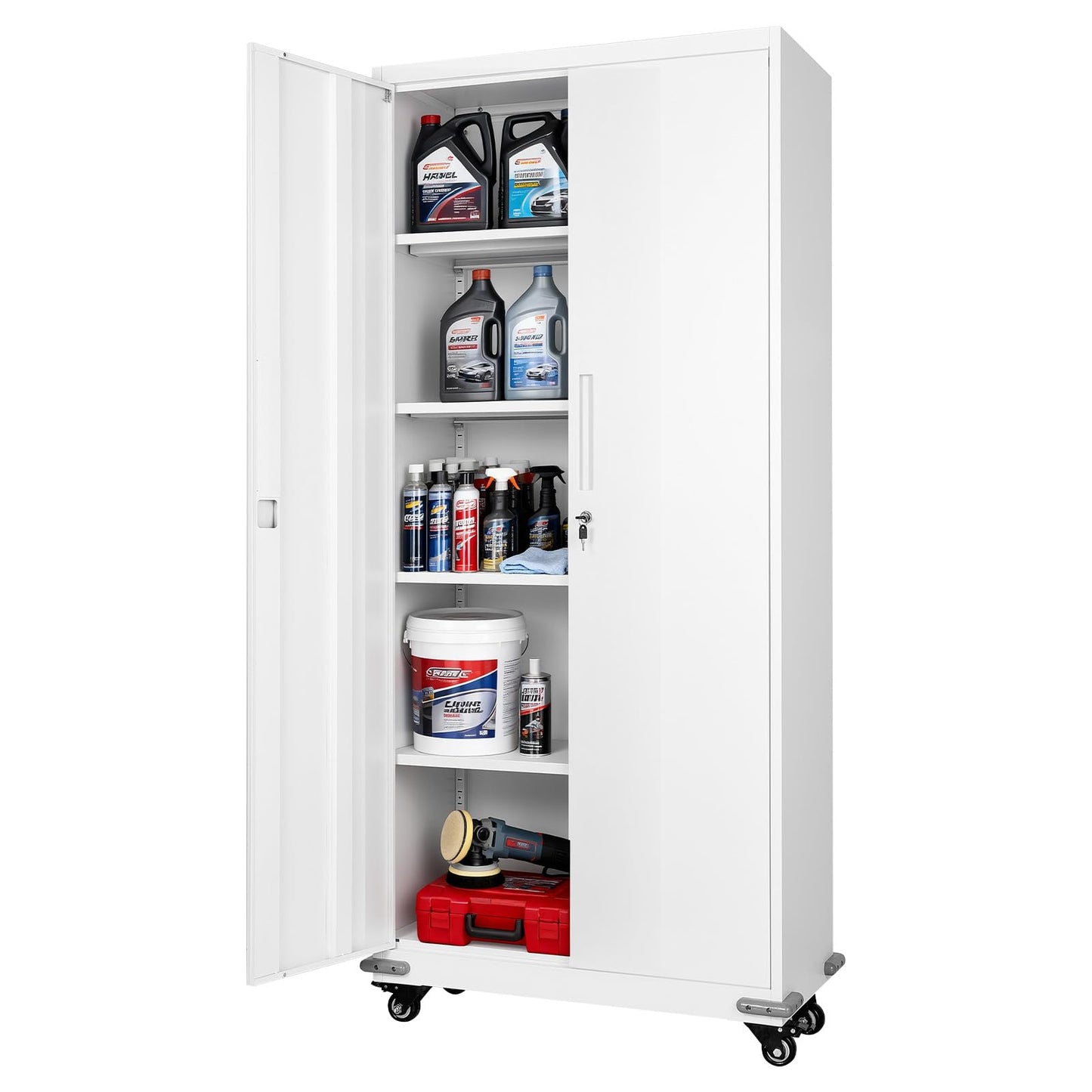 VEVOR Metal Storage Cabinet, 72.6 in Rolling Steel Garage Cabinet with 4 Adjustable Shelves, 2 Magnetic Doors & 2 Keys, 5 Tiers Lockable Tool Storage for Pantry, Warehouse, Basement, Office, White