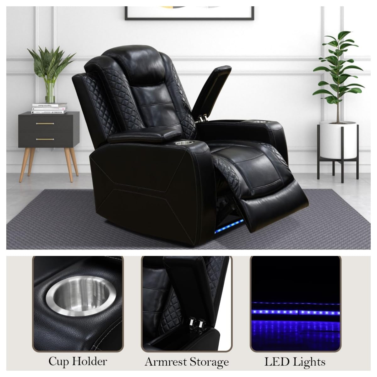 Trygoal Power Recliner Chair, Leather Recliners with Home Theater Seating, Oversized Single Electric Recliner Sofa Breathable Living Room Chairs for Adults Reading Gaming, Black