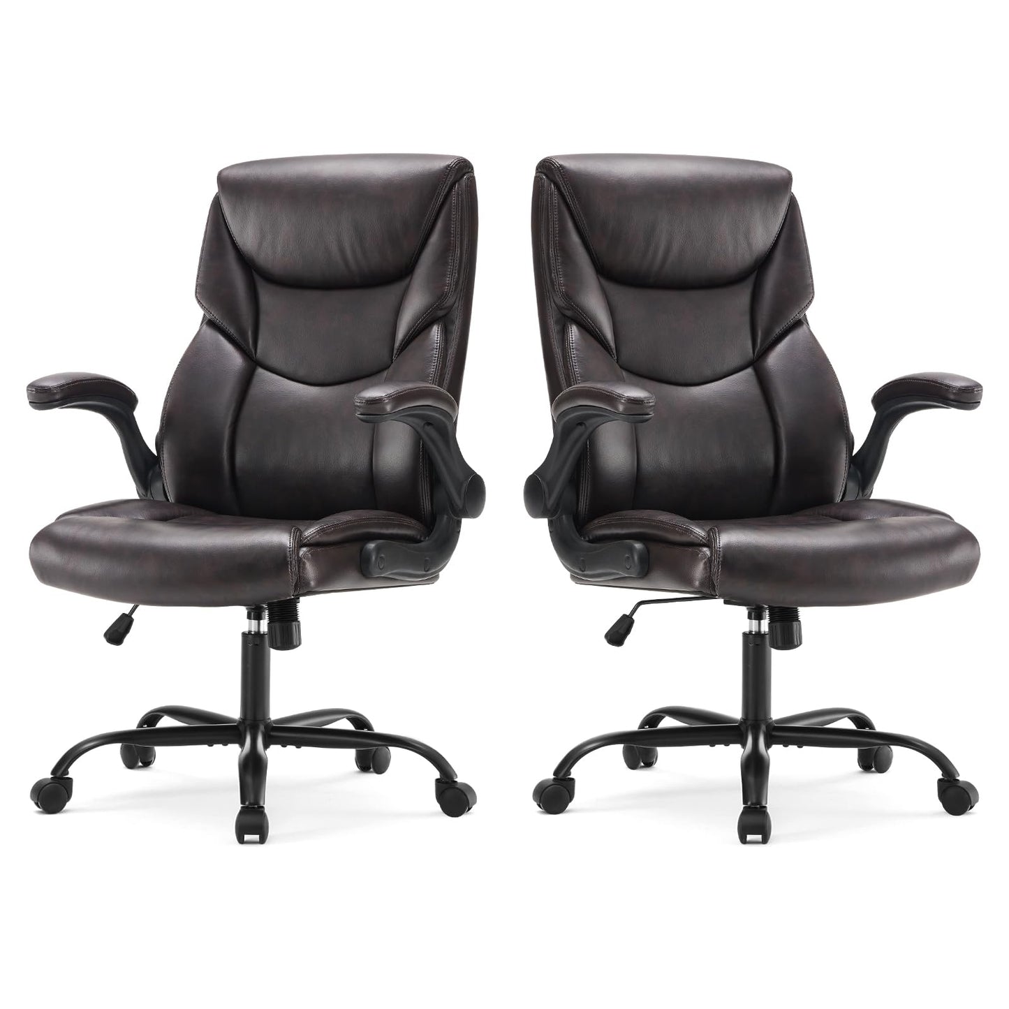 Sweetcrispy Ergonomic Computer Gaming Office Chair Set of 2, Heavy Duty Task Desk Swivel Rolling Chairs with Wheels, Flip-up Arms, Adjustable Height, PU Leather,Dark Brown
