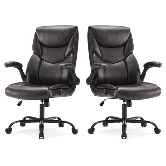 Sweetcrispy Ergonomic Computer Gaming Office Chair Set of 2, Heavy Duty Task Desk Swivel Rolling Chairs with Wheels, Flip-up Arms, Adjustable Height, PU Leather,Dark Brown