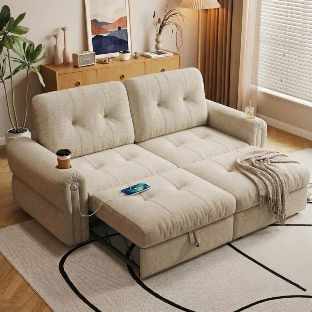 Trygoal Convertible Couches, Queen Size Pull Out Sofa Bed with USB Charging Port and Cup Holders, Plannelette Fabric Convertible Sofa Bed for Small Space, Living Room, Apartment, Guest Room, Beige