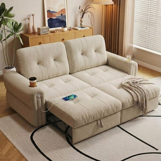 Trygoal Convertible Couches, Queen Size Pull Out Sofa Bed with USB Charging Port and Cup Holders, Plannelette Fabric Convertible Sofa Bed for Small Space, Living Room, Apartment, Guest Room, Beige