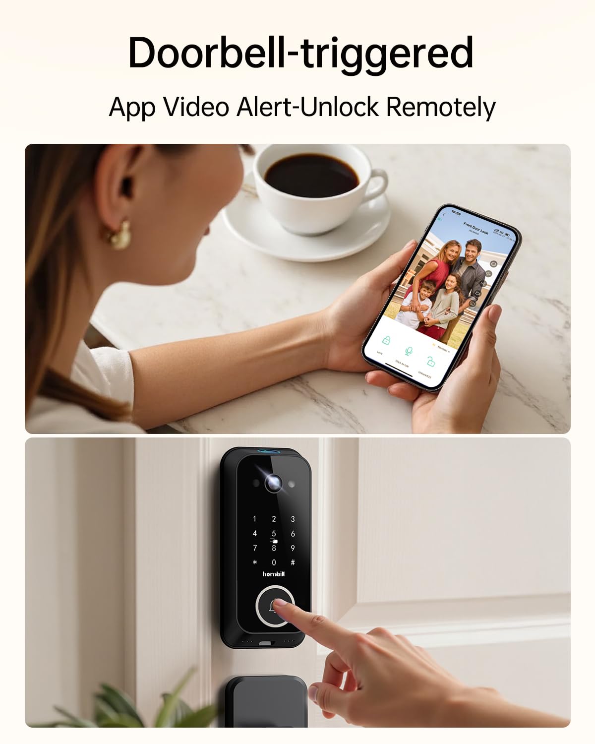 Video Smart Lock with Camera: 4-in-1 Ring+2K Camera+Doorbell+Fingerprint Hornbill Keyless Entry Door Lock, Built-in WiFi Deadbolt(only 2.4G), Two-Way Audio/App Remote Control/PIR, No Monthly Fee