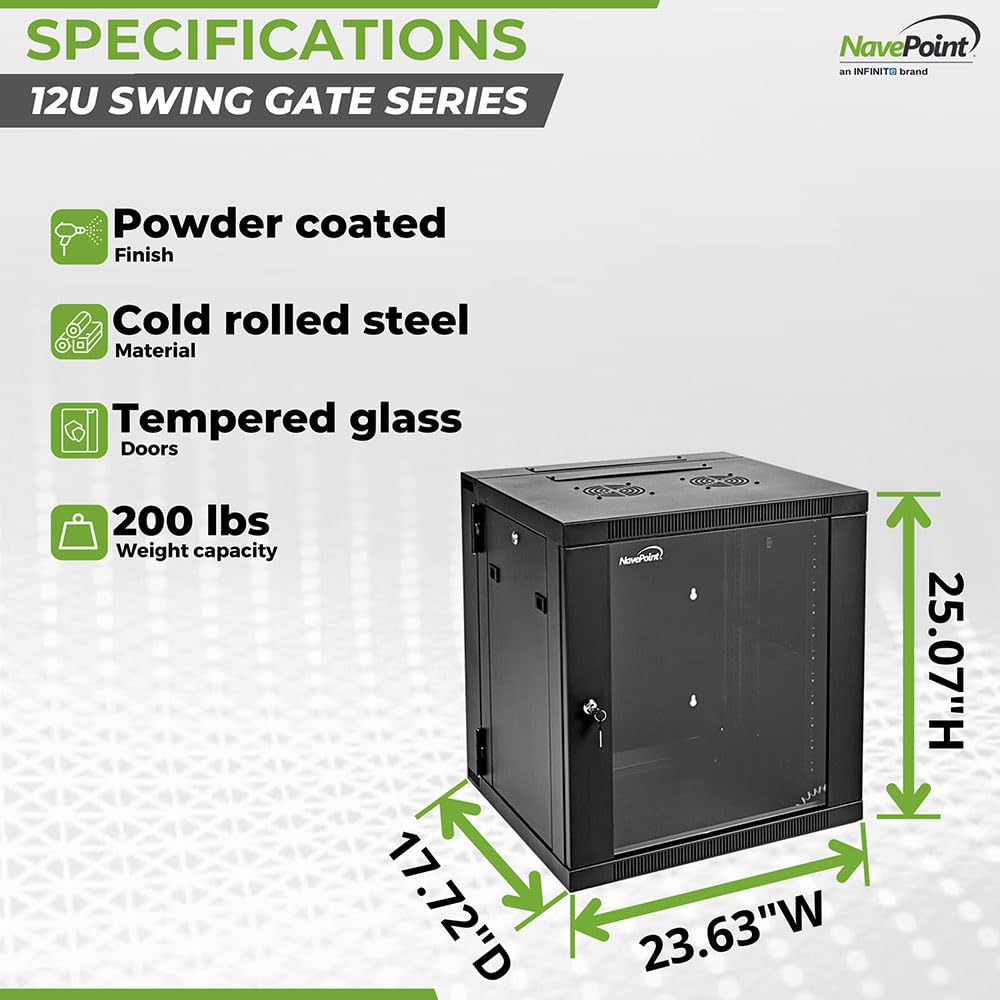 NavePoint 12U Cabinet with Hinged Back - 17.7” Deep, Server Rack Enclosure with Locking Glass Door, Wall Mount Rack with Removable Side Panels, Network Cabinet with 2 Fans, Assembled